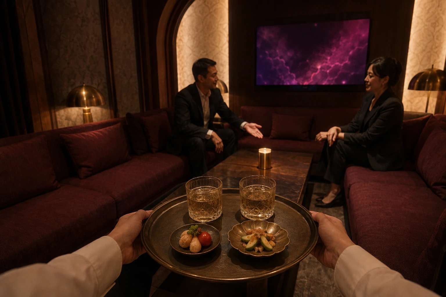 同一間包廂，前景托盤上有兩杯飲料和兩盤小點