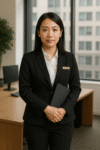 身穿黑色套裝、手持文件夾站在辦公室的女性
