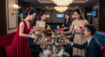 包廂內身穿紅色禮服的女性為客人倒酒