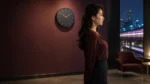 女性站在夜間窗邊看時鐘與車流，評估酒店兼職真正占用的時間