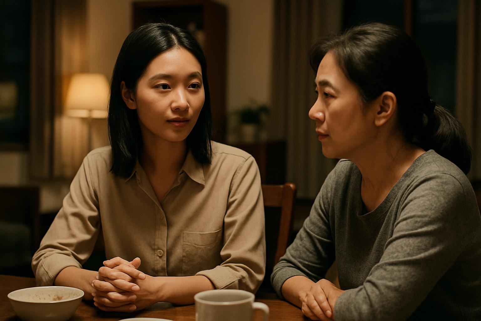 女子與家人平靜討論酒店工作的情境