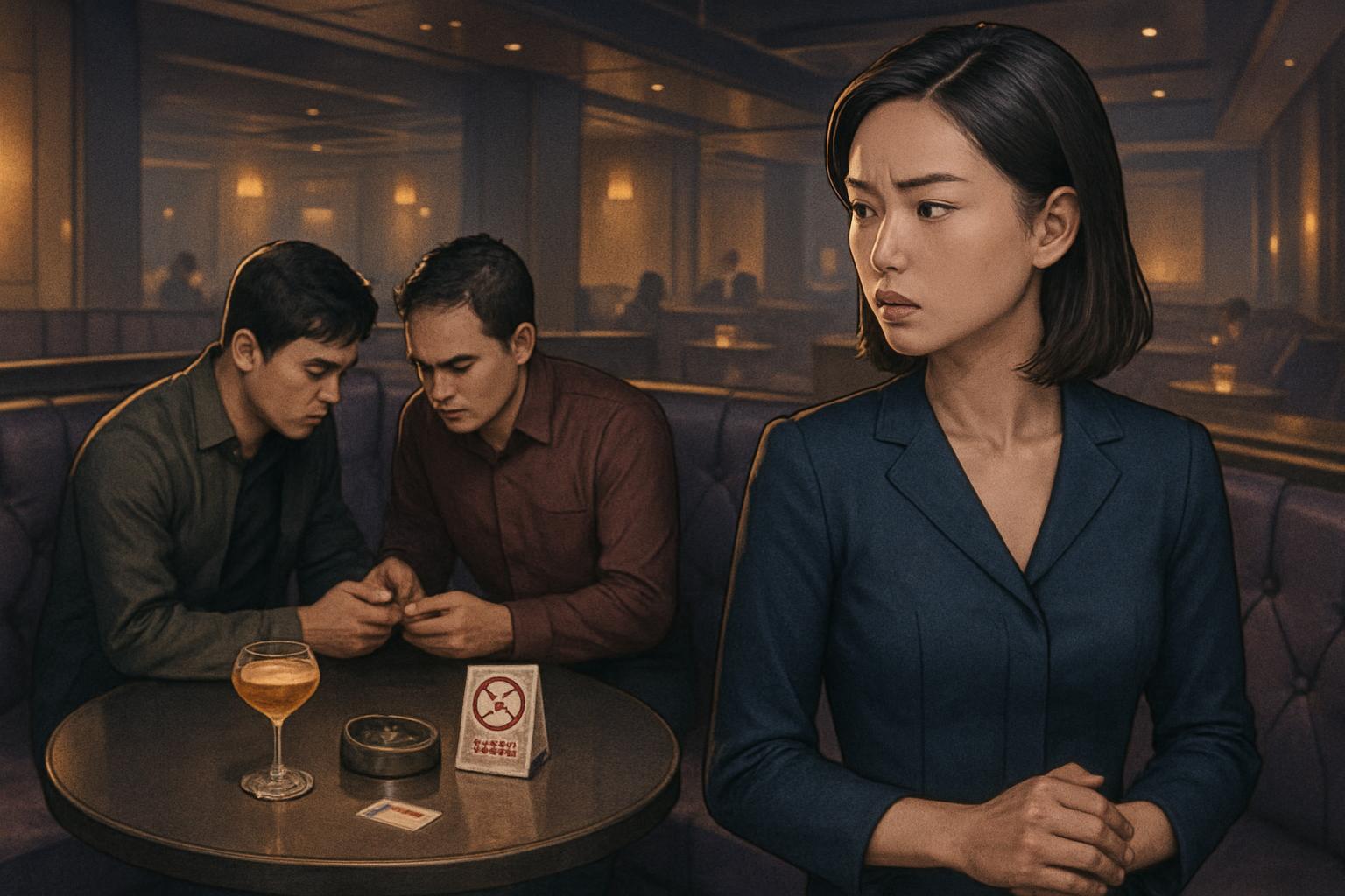 酒店包廂中女子觀察可疑狀況的安全示意圖