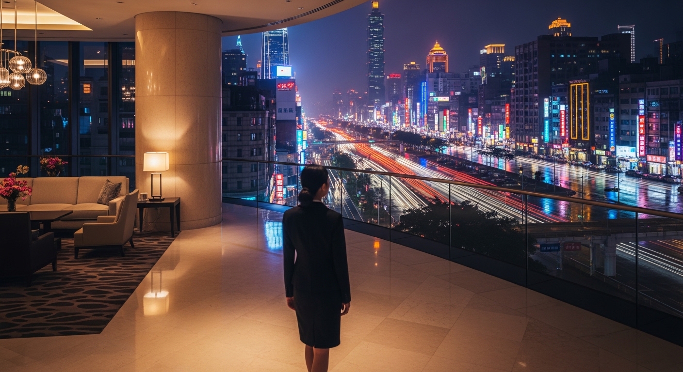 酒店經紀專業女性在台北夜晚霓虹與豪華大廳場景的剪影