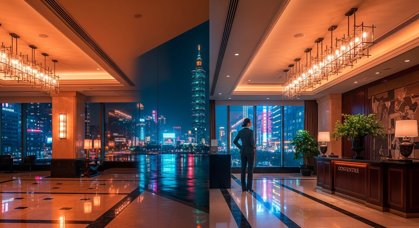酒店經紀專業形象與夜景風格的示意圖，突顯專業與自信