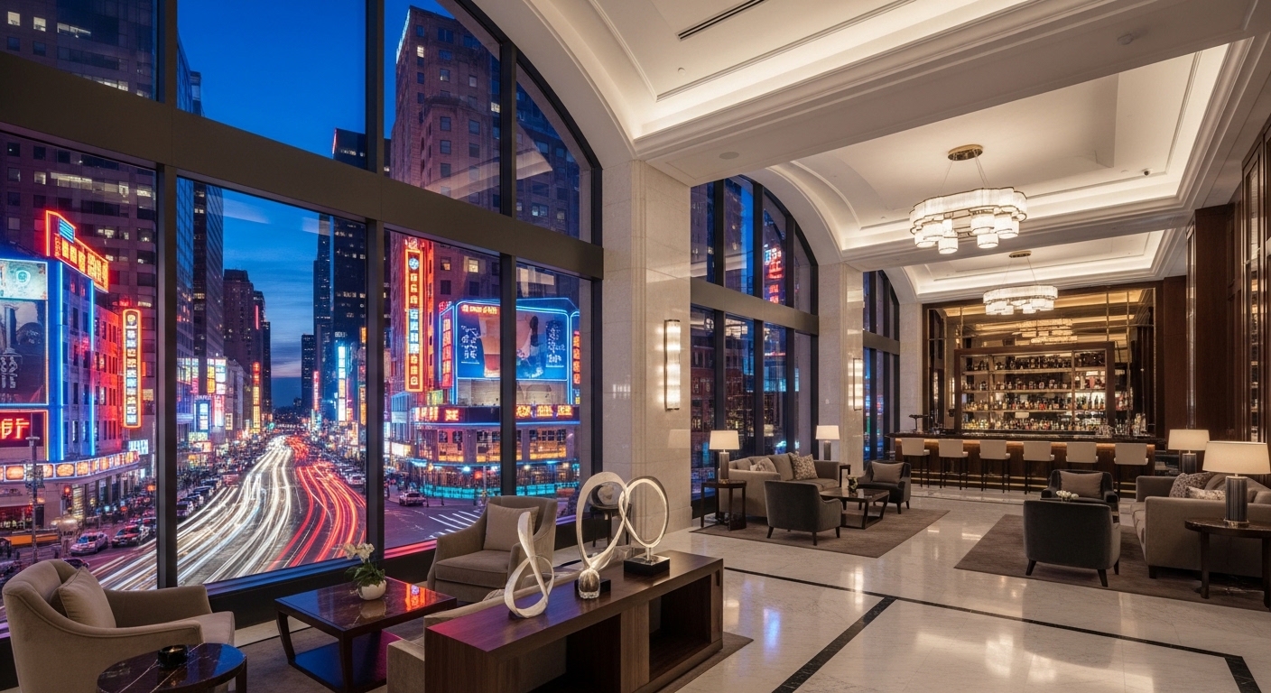 酒店領檯工作場景說明：夜生活城市景觀與專業禮儀氛圍強調酒店領檯