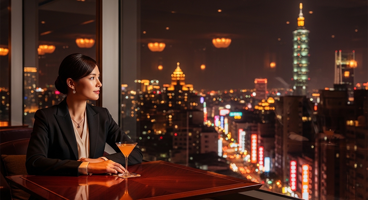 酒店社交場景中的專業女性，夜晚都會風格與高檔酒店風格