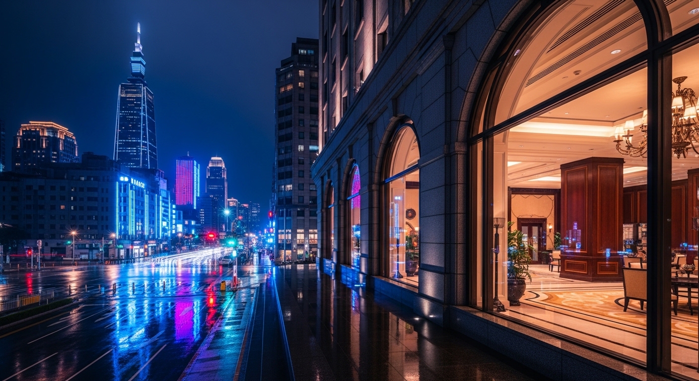 酒店客人結婚相關案例的夜景與酒店氛圍意象，呈現專業職場視角