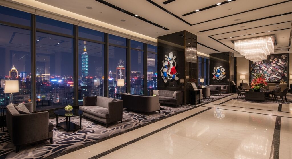 松山區酒店與交通樞紐背景的夜間城市景觀