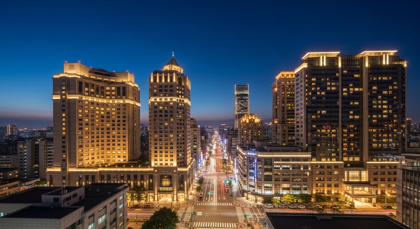 酒店經紀 專業工作場景示意，夜景城市氛圍