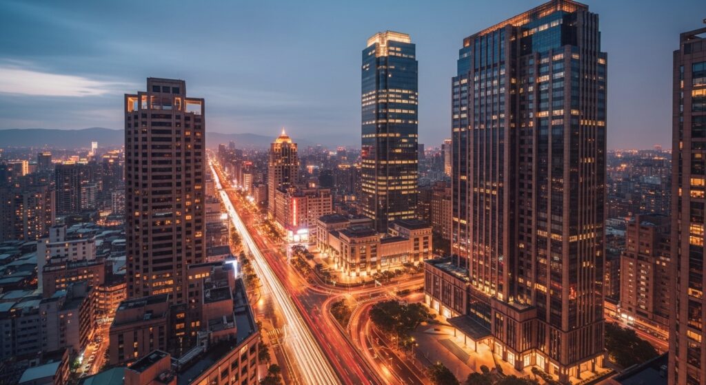 桃園地區夜景與酒店經紀產業氛圍，主關鍵字