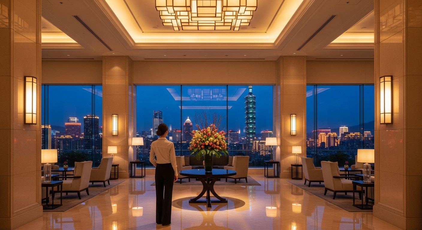 酒店經紀工作場景：專業女性在夜景與高級酒店大廳中的情境