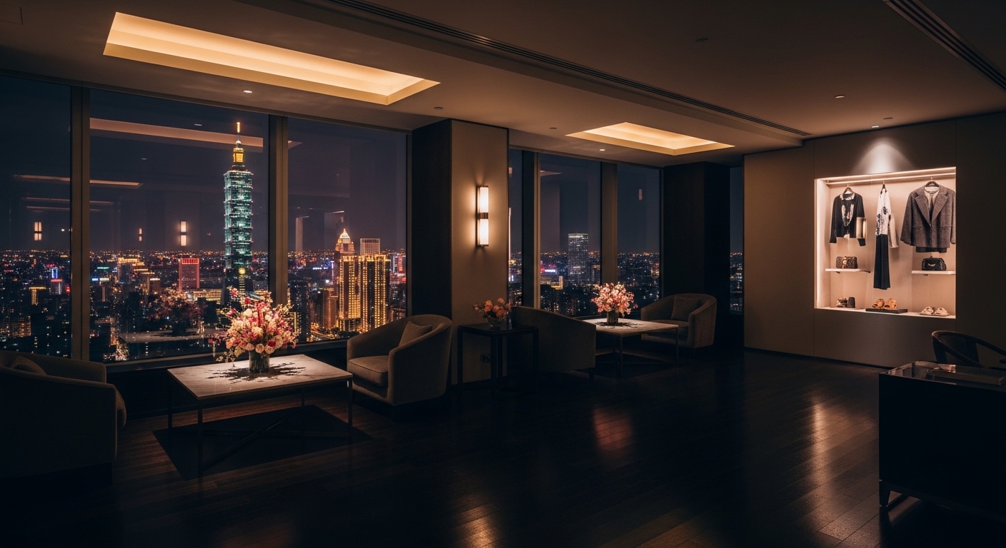 酒店牙齒美白主題的夜景風格插圖，展現專業與自信的酒店姊妹形象