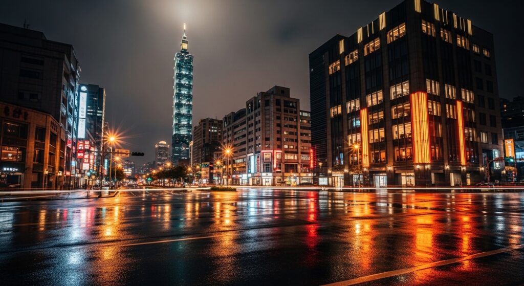 酒店經紀入門指南示意：夜晚台北城市景觀與專業職場風格