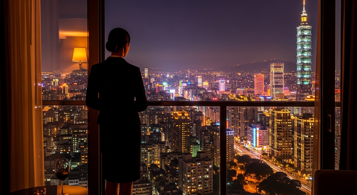 酒店經紀專業形象在台北夜景背景的高雅職場風格