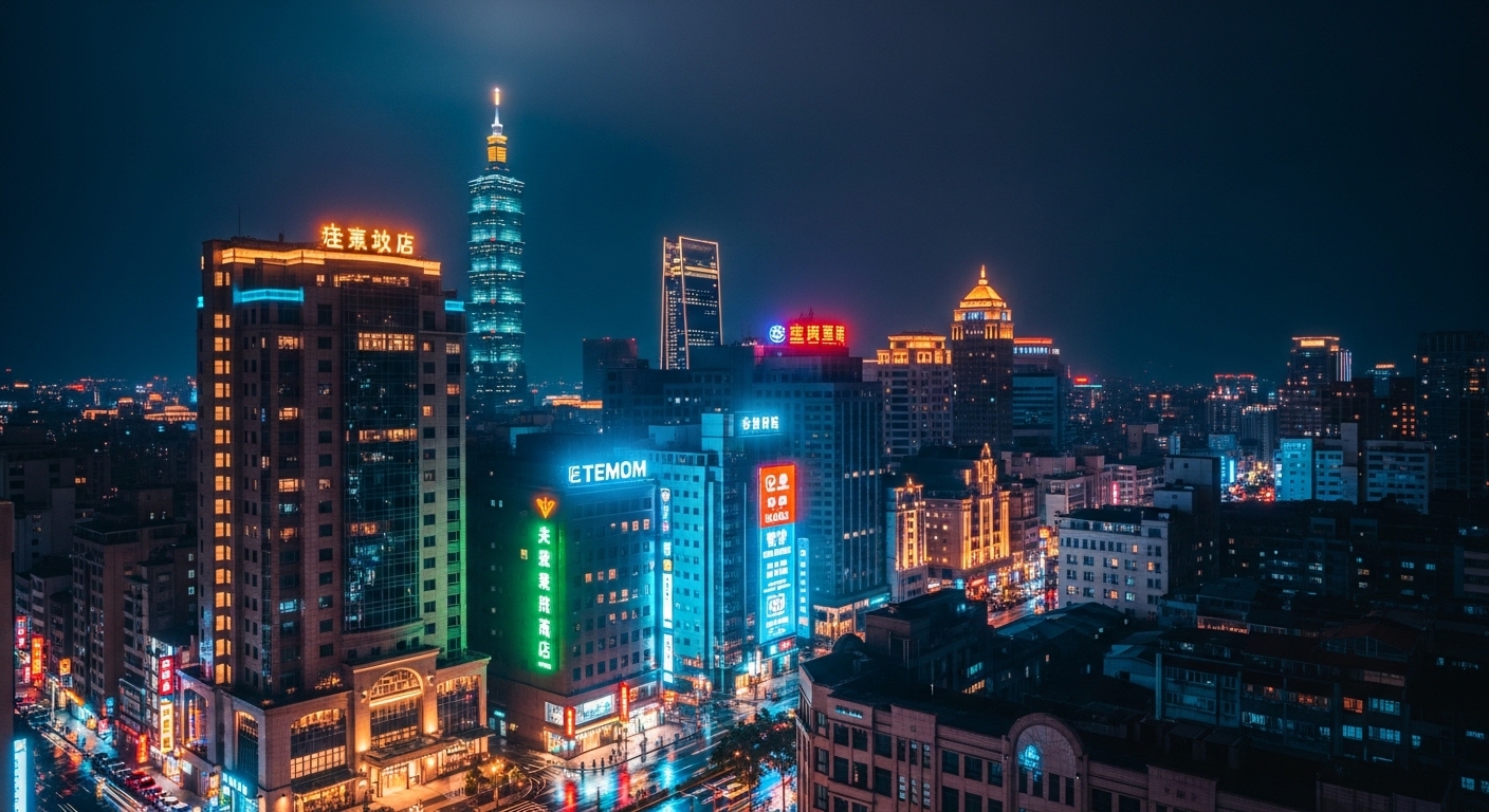 酒店經紀 夜晚 台北 都會 夜景 與 高級 酒店氛圍 圖像描述