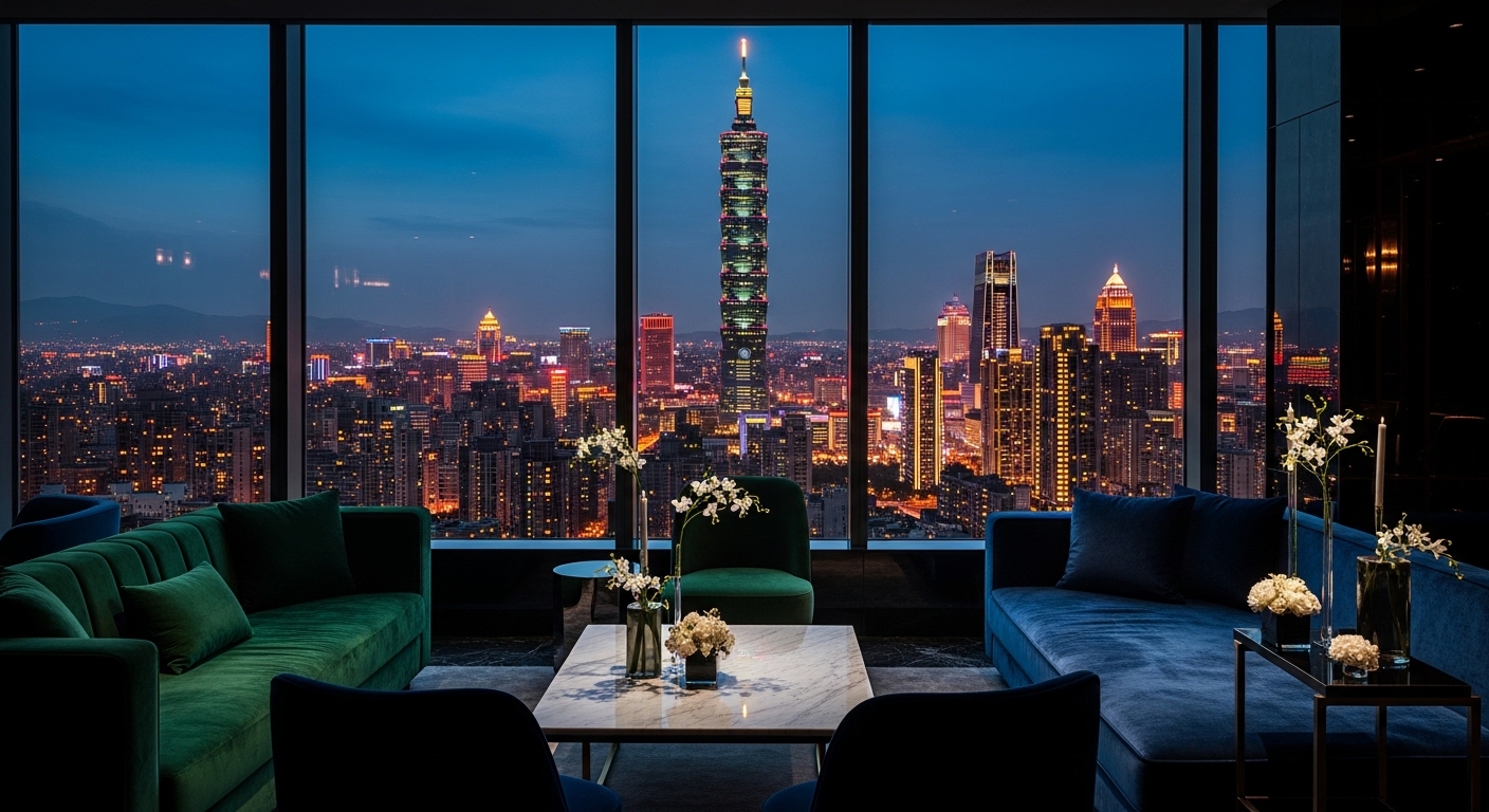 夜晚台北夜景與專業護膚氛圍的夜間酒店保養圖像