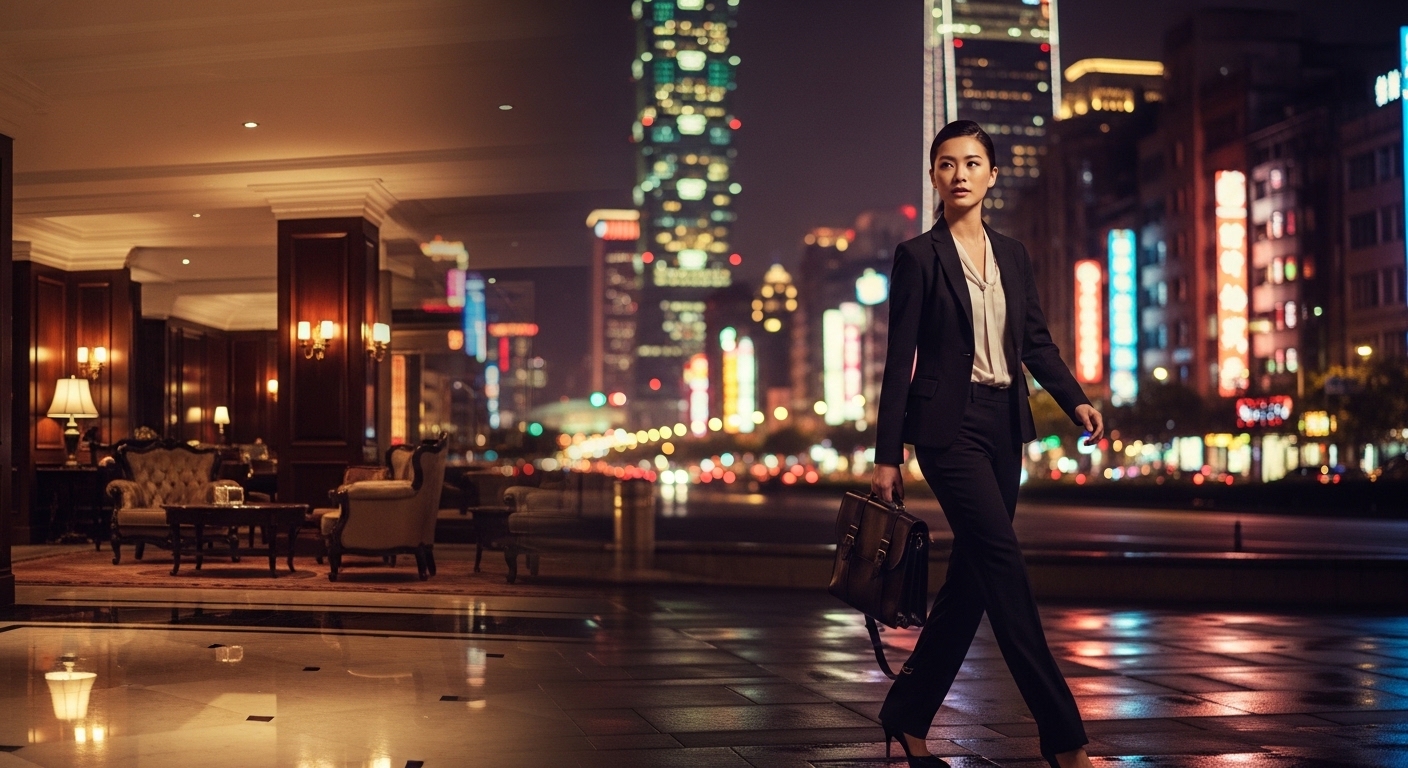 唯美酒店經紀主圖：夜景與專業女性形象