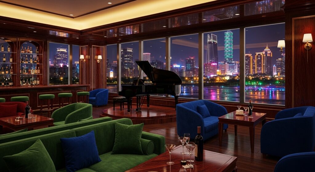 夜晚台北鋼琴酒吧內部氛圍與燈光佈置的高雅場景（鋼琴酒吧相關）