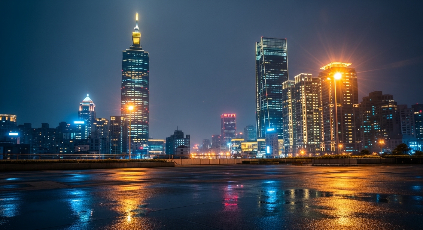 酒店經紀產業觀察與成長路徑之夜景概念圖，繁星城市與柔和霓虹