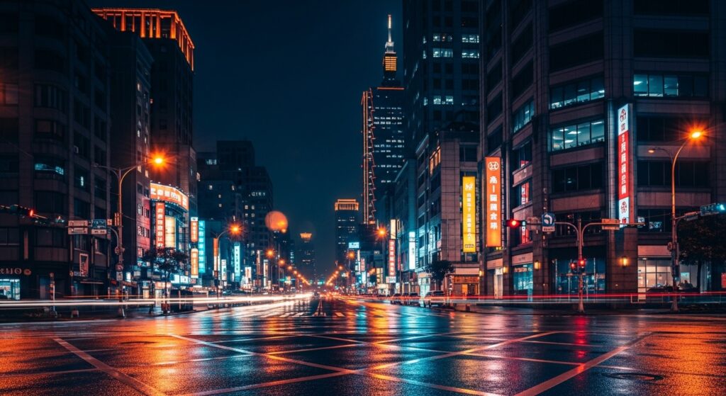 酒店社交主題的夜晚城市風景，展示夜間氛圍與酒店大廳感