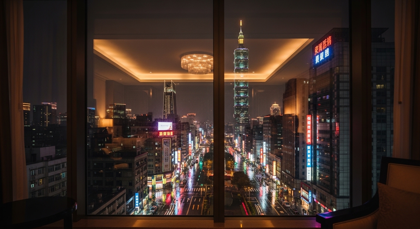 酒店經紀專業場景，台北夜晚城市背景，專業女性形象，突出主關鍵字
