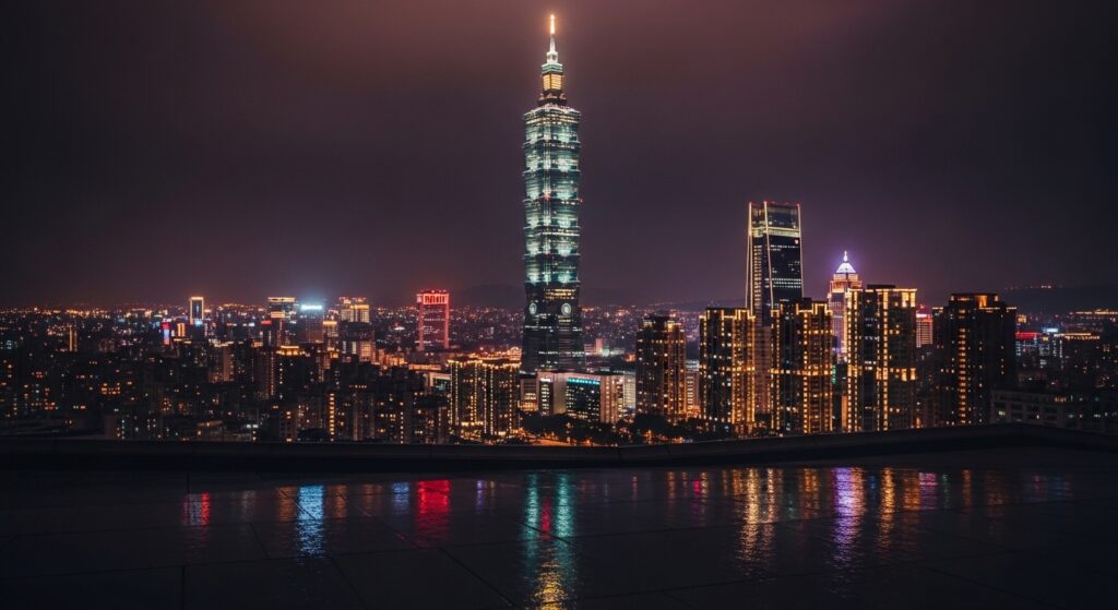 夜晚台北城市夜景與酒店經紀夜班作息主題，強調專業與照護意象