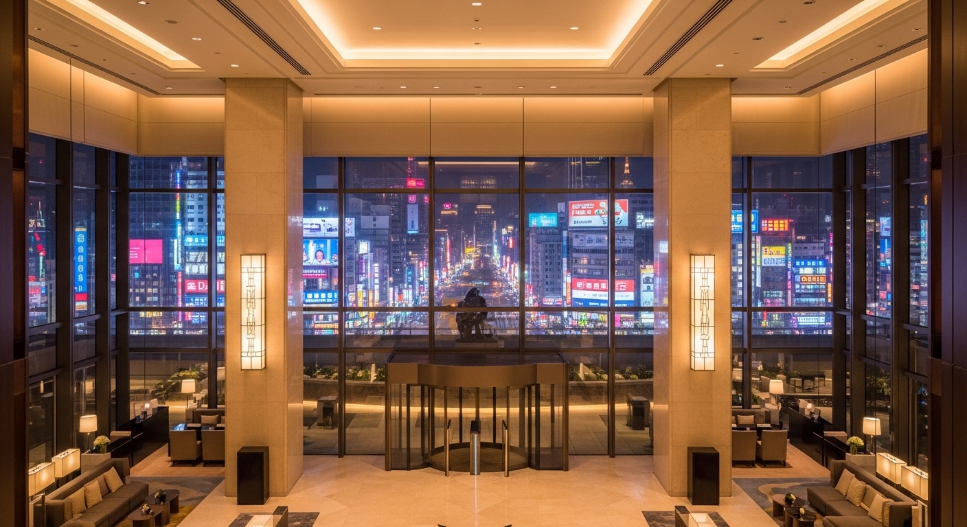 夜間酒店交通安全與選擇的示意圖：酒店交通主題，夜晚城市景觀與高級感