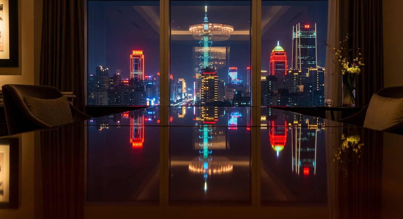 酒店信用卡相關職場與財務規劃示意圖，夜景與高級酒店風格