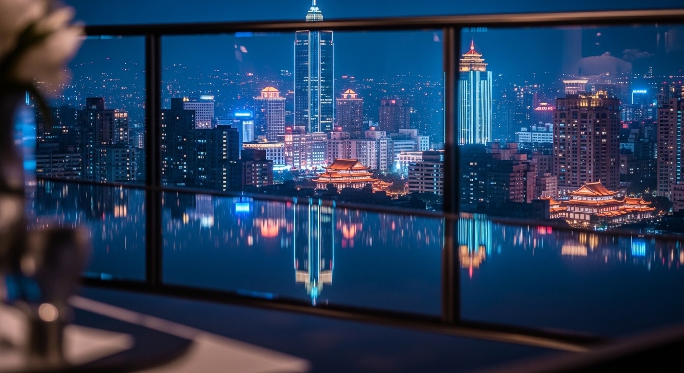 桃園酒店相關夜景與商圈意象，主關鍵字桃園酒店