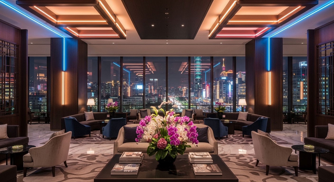 寒假酒店工作場景概念圖，夜晚城市與豪華酒店氛圍