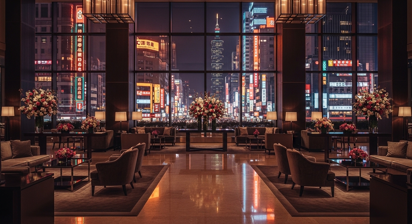 酒店經紀相關場景的專業形象示意圖，夜晚台北城市美景