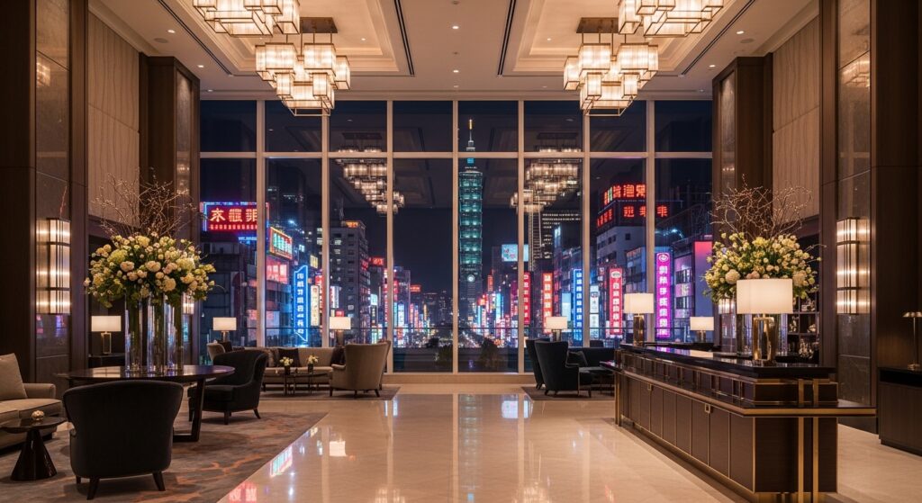 夜晚城市夜景與高端酒店空間示意圖，呈現酒店轉店專業氛圍