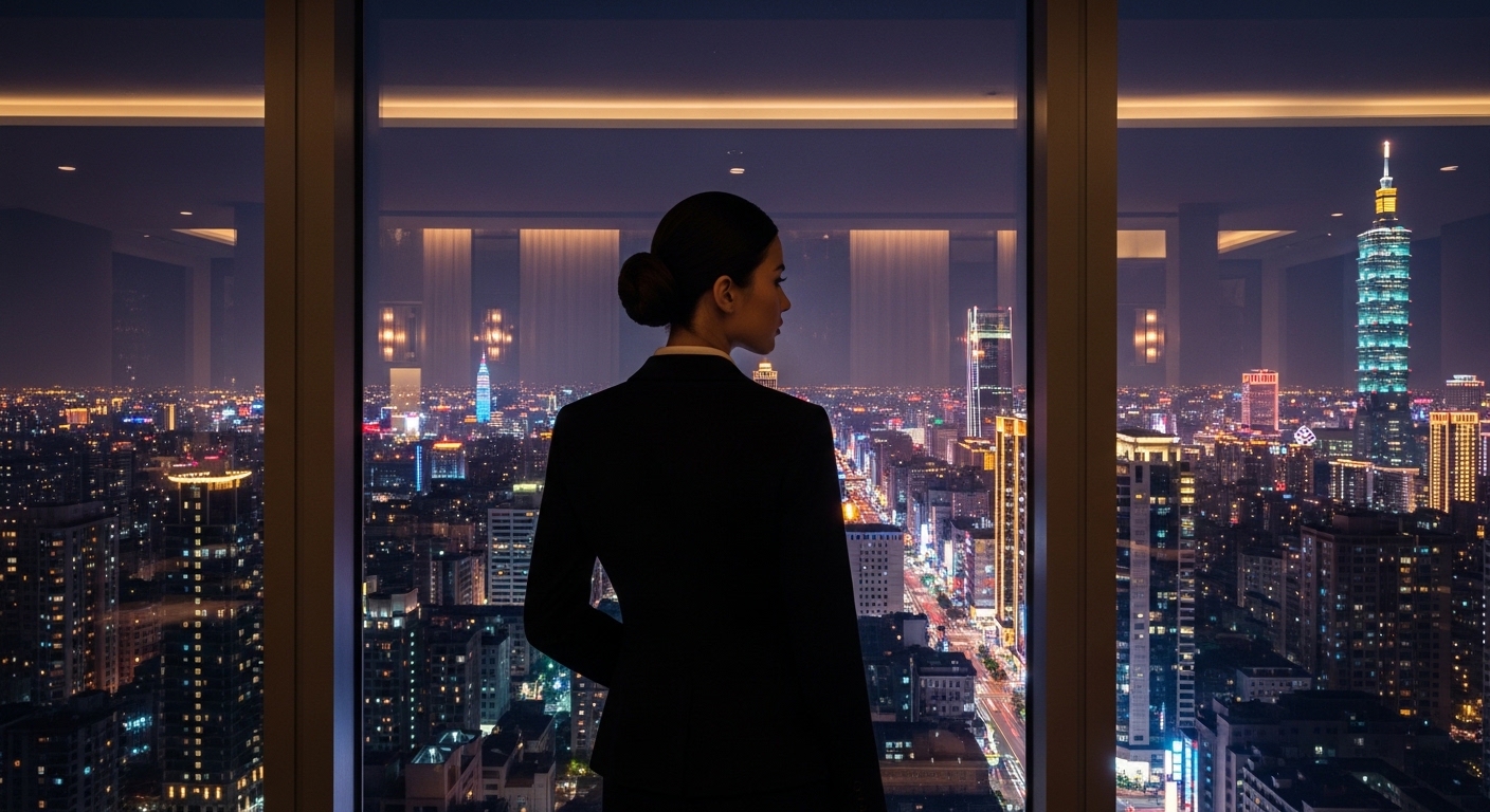 酒店退休金自提方案示意，夜晚台北街景與專業女性工作情境