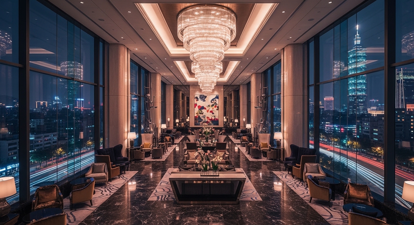 唯美酒店經紀職涯指引示意圖，專業女性在城市夜景與豪華飯店環境中