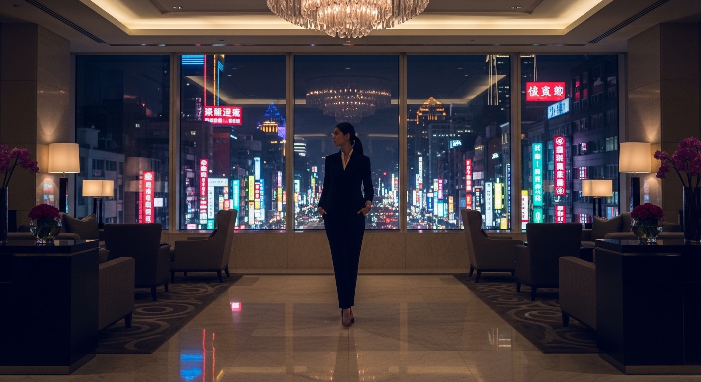 家庭關係中的信任與職涯選擇的主題，夜色中的城市與專業女性思考