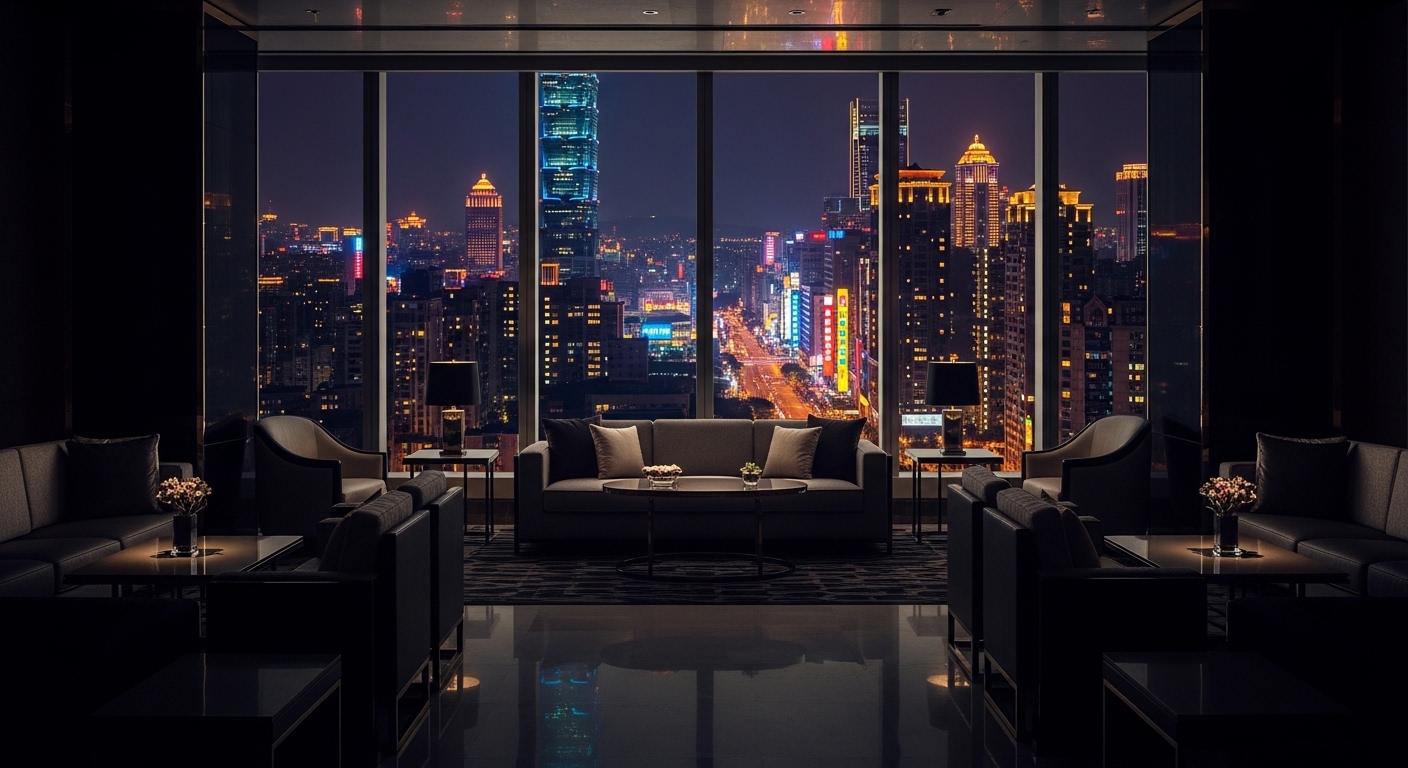 酒店續攤專業女性經紀人場景概念圖，夜景與酒店氛圍