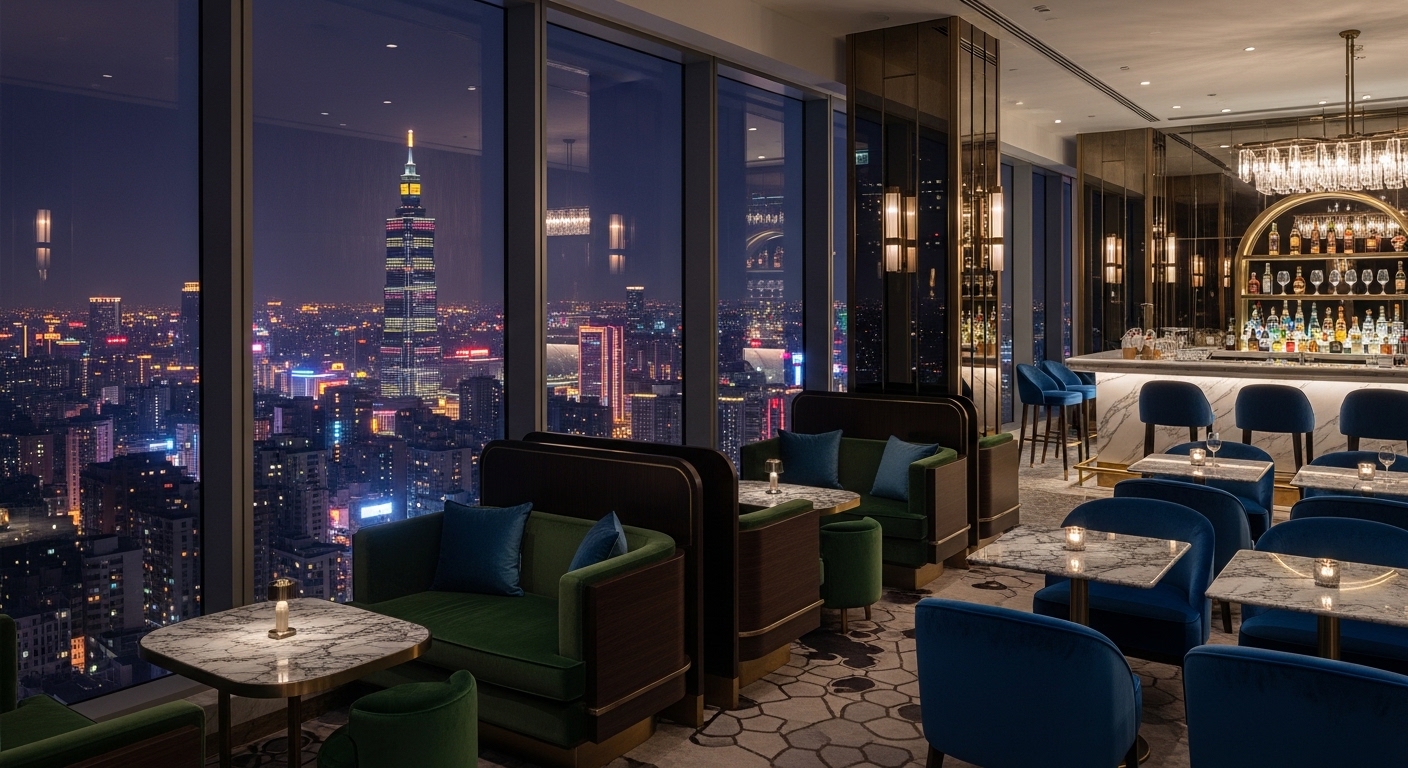 酒店買房相關夜景與專業女性形象，夜幕下的台北夜景與高端風格