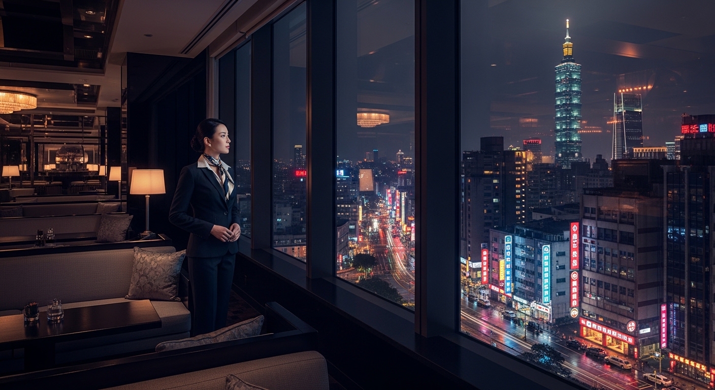 酒店經紀職涯觀察與夜景背景的專業女性形象