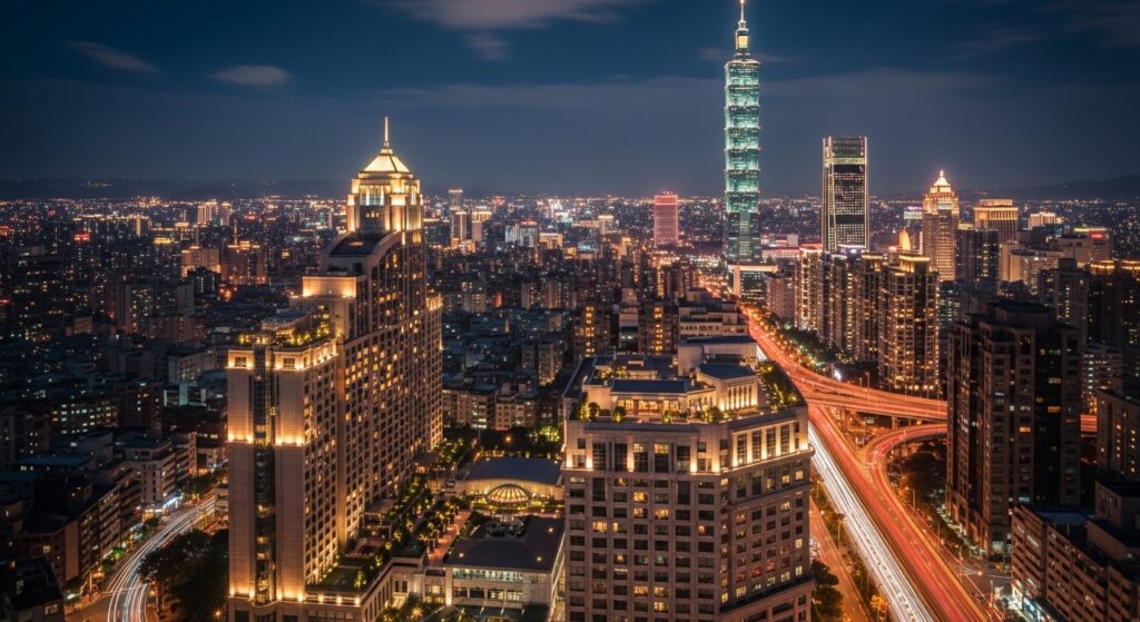 專注於酒店履歷撰寫場景的女性形象，夜景背景與專業感並存