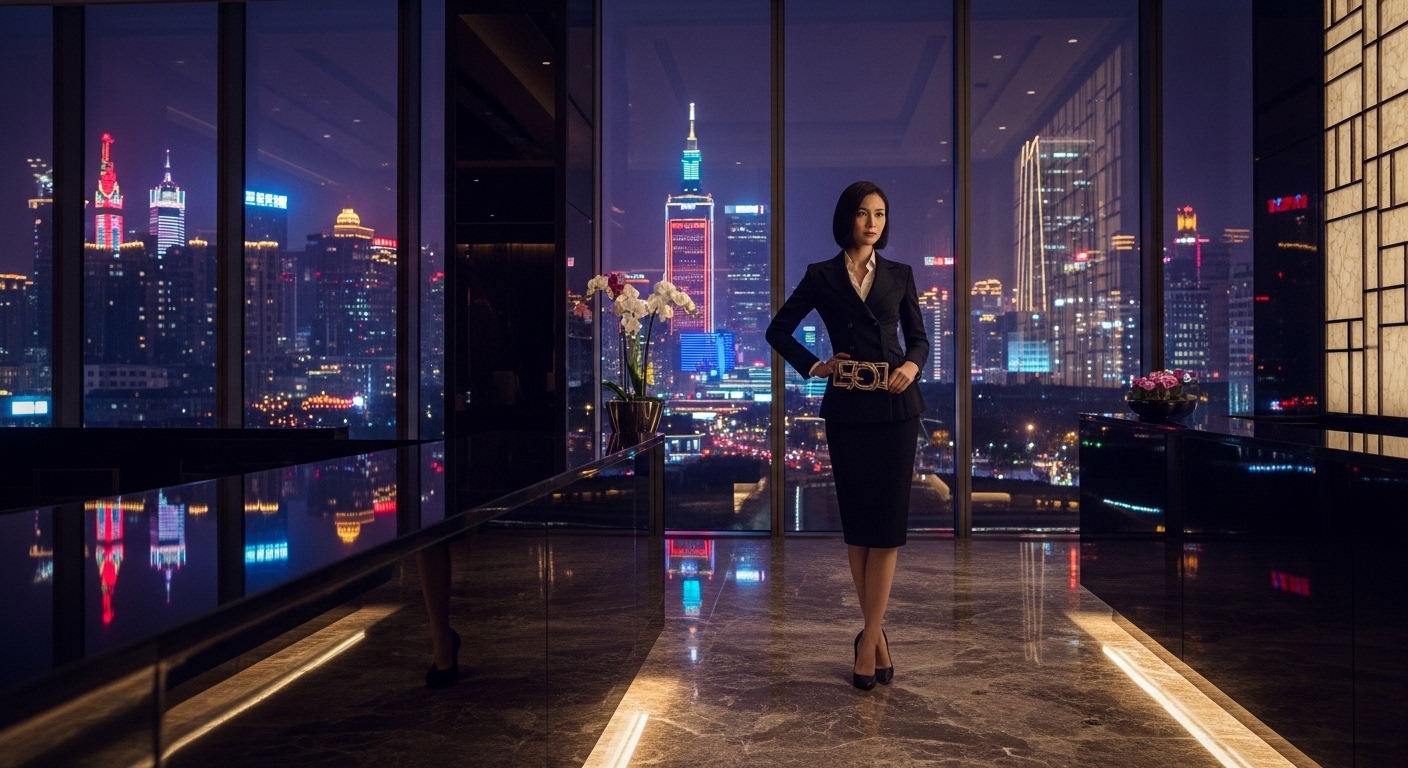 台北夜晚的酒店經紀專業工作場景，夜景與高端氛圍