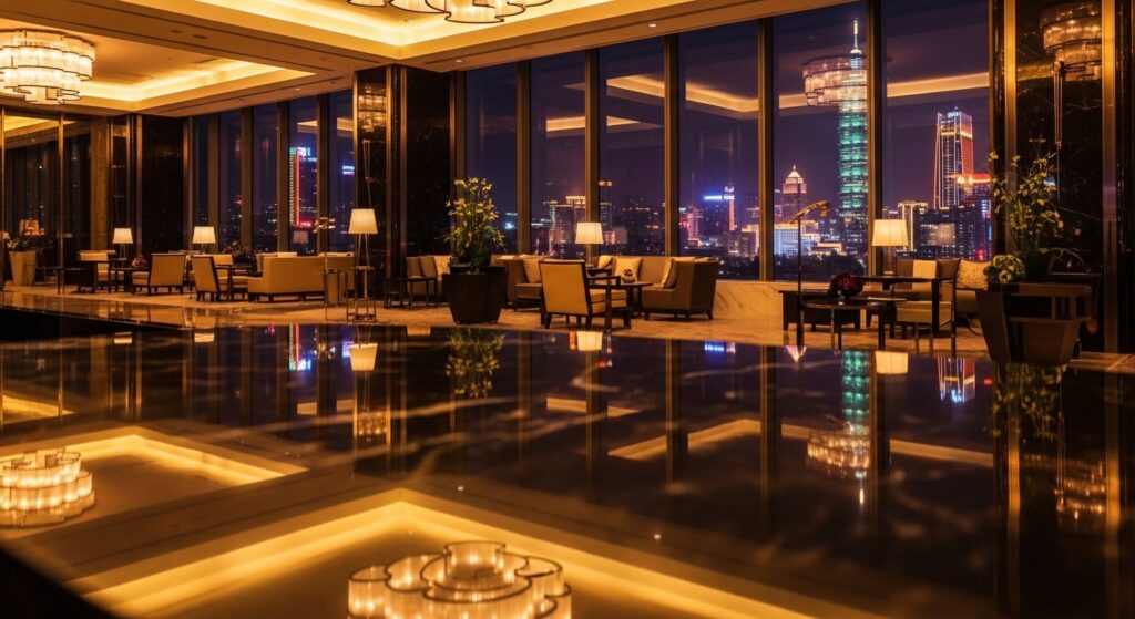 酒店拒絕話術主題的夜生活與溝通示意圖像，呈現優雅的拒絕情境