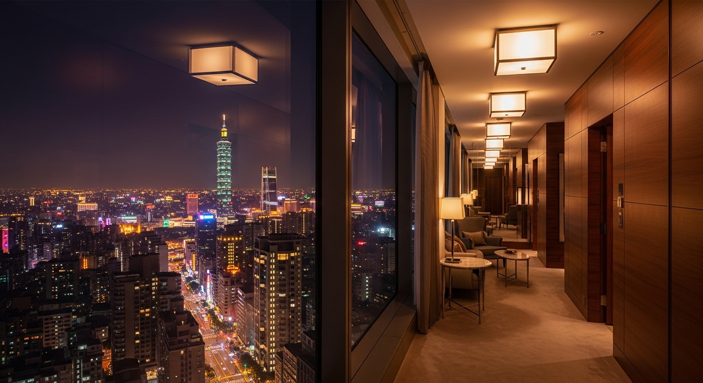 夜晚台北的城市光影與酒店走道，呈現專業且穩重的酒店經紀工作氛圍
