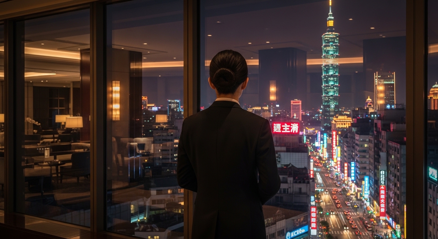 酒店姿勢示意：專業女性在夜晚城市景觀前的姿勢矯正示意圖