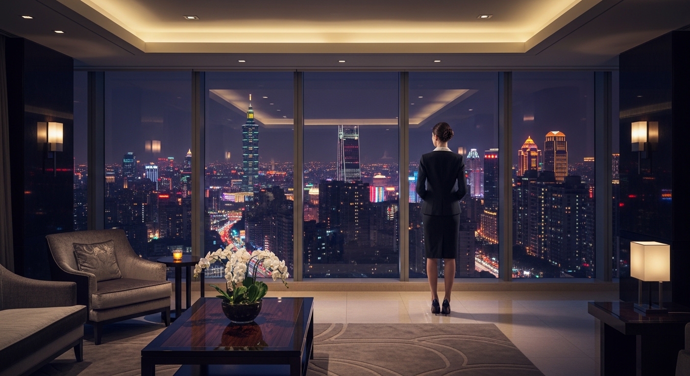 酒店經紀專業女性在台北夜晚商務環境的形象，主關鍵字：酒店經紀
