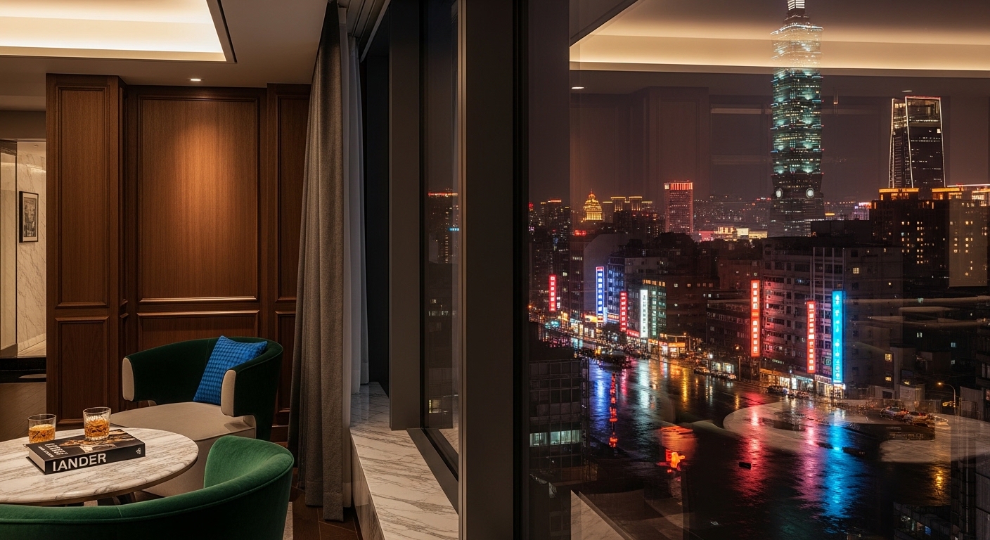 酒店經紀產業工作情境示意圖，夜景與專業風格