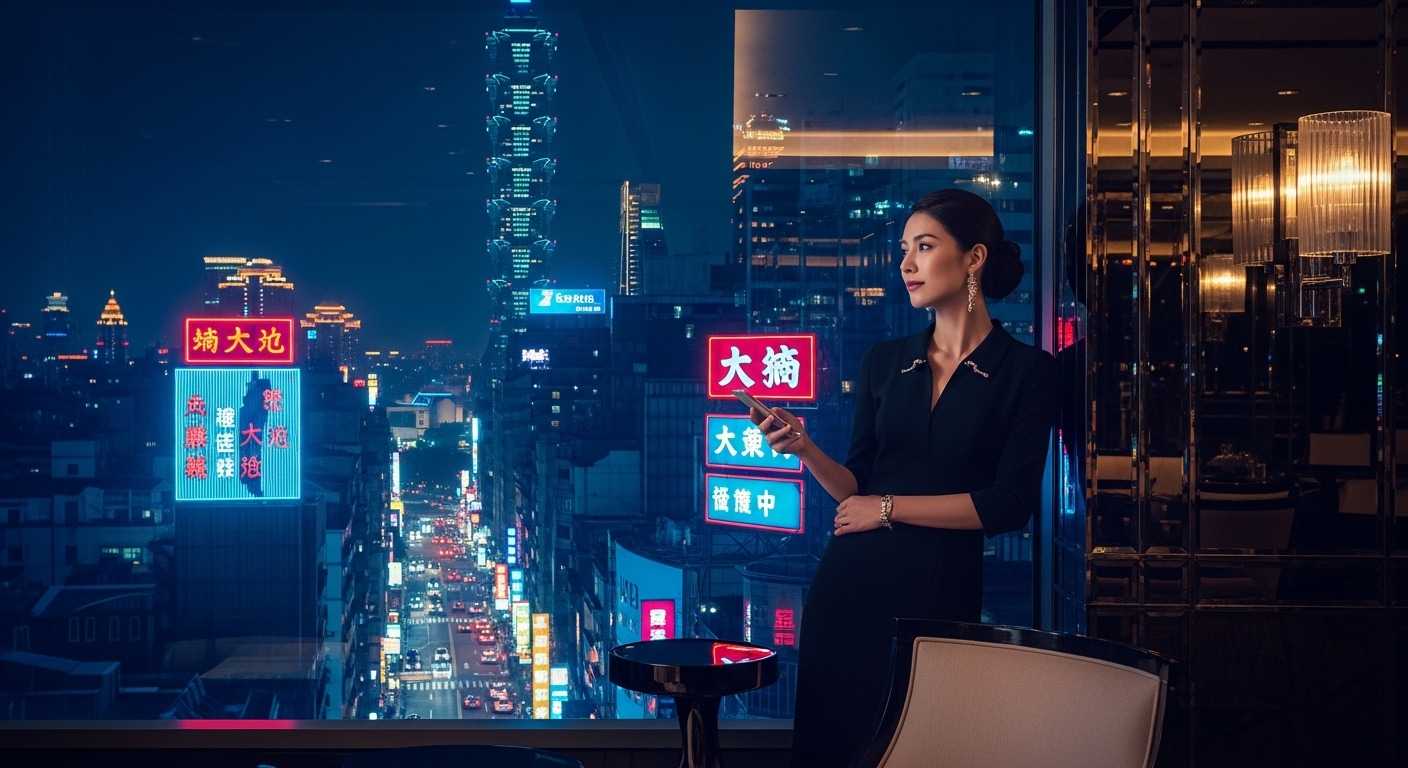 夜晚台北城景中的酒店經紀專業形象，優雅與專業並存