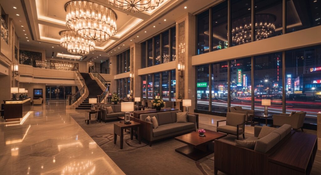 北投酒店夜景與溫泉文化專業觀察圖像，夜景與高端酒店元素並存