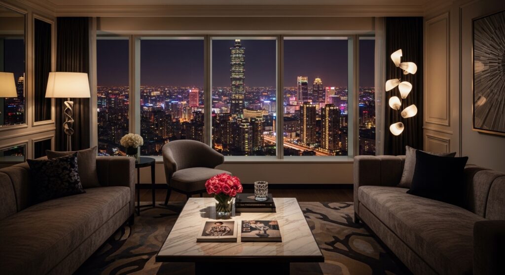 酒店傾訴主題的台北夜景與酒店氛圍示意圖