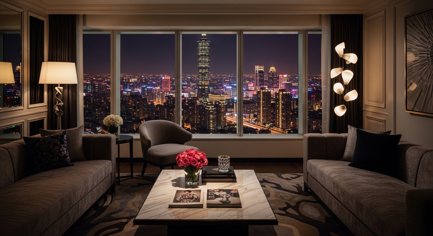 酒店傾訴主題的台北夜景與酒店氛圍示意圖