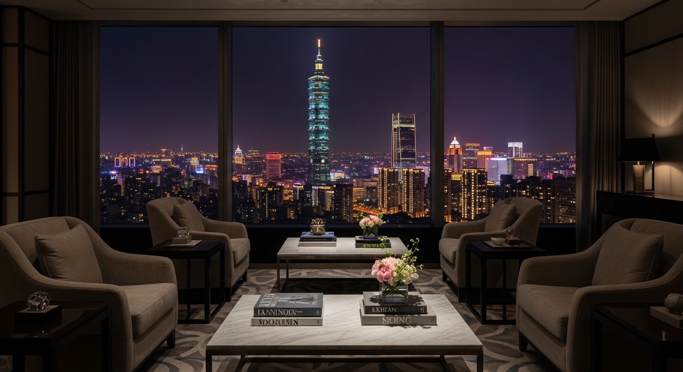 唯美酒店經紀在夜晚台北夜景中的專業形象說明